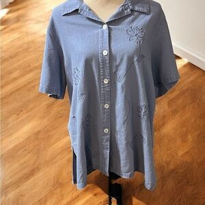 Requirements Embroidered Blue Boxy Notched Collar Button Down Blouse